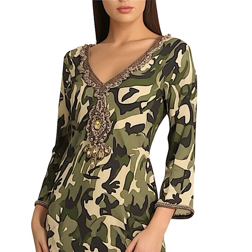 Anthropologie Beaded Gold Trim Army Green Camo Print Tunic Top Mini Shirt Dress